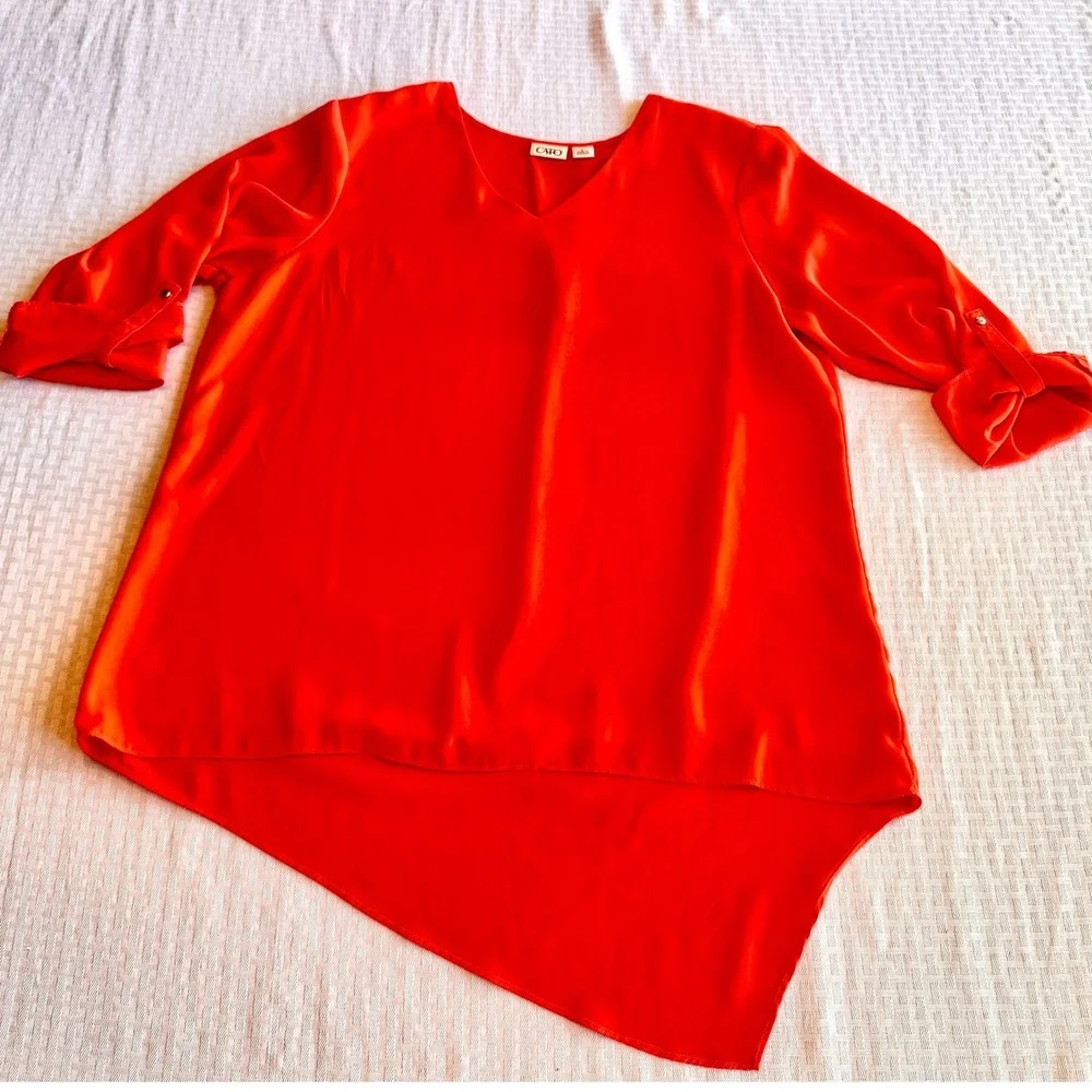 Cato Orange Asymmetrical Hem V-Neck Roll Tab Sleeve Blouse Top Womens Size Large